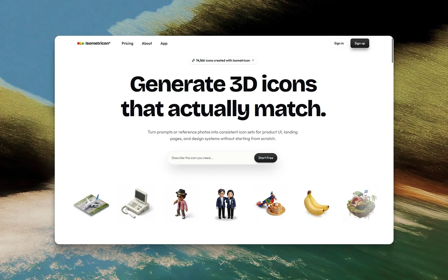 The Isometricon landing page with a prompt field and a row of generated 3D icons